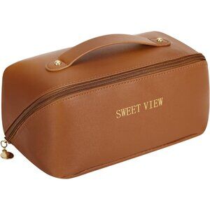 Makeup Bag Large Capacity travel cosmetic bags Waterproof Leather Brown